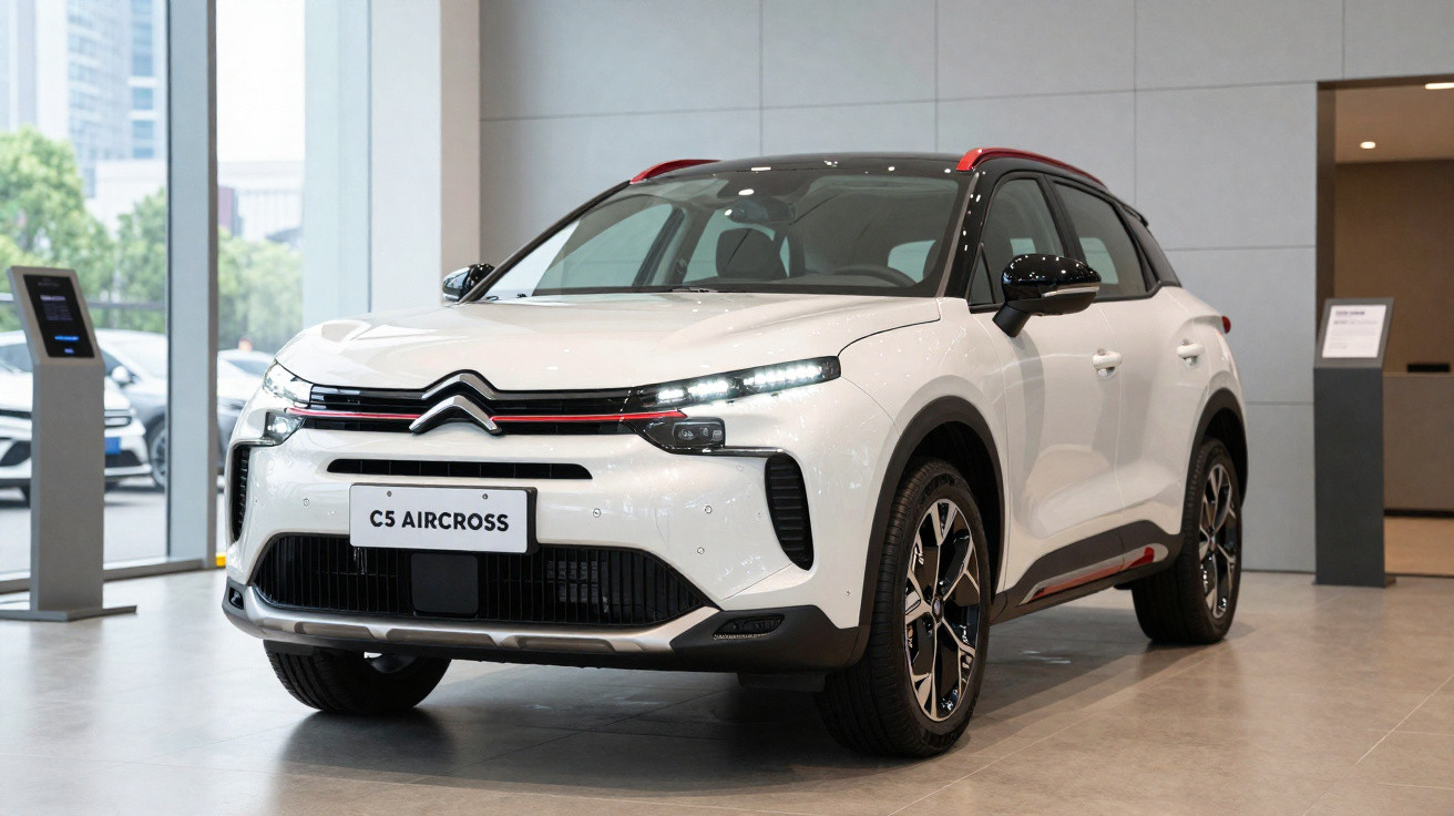 Automóvel Citroën C5 Aircross branco exibido numa sala de exposição moderna.