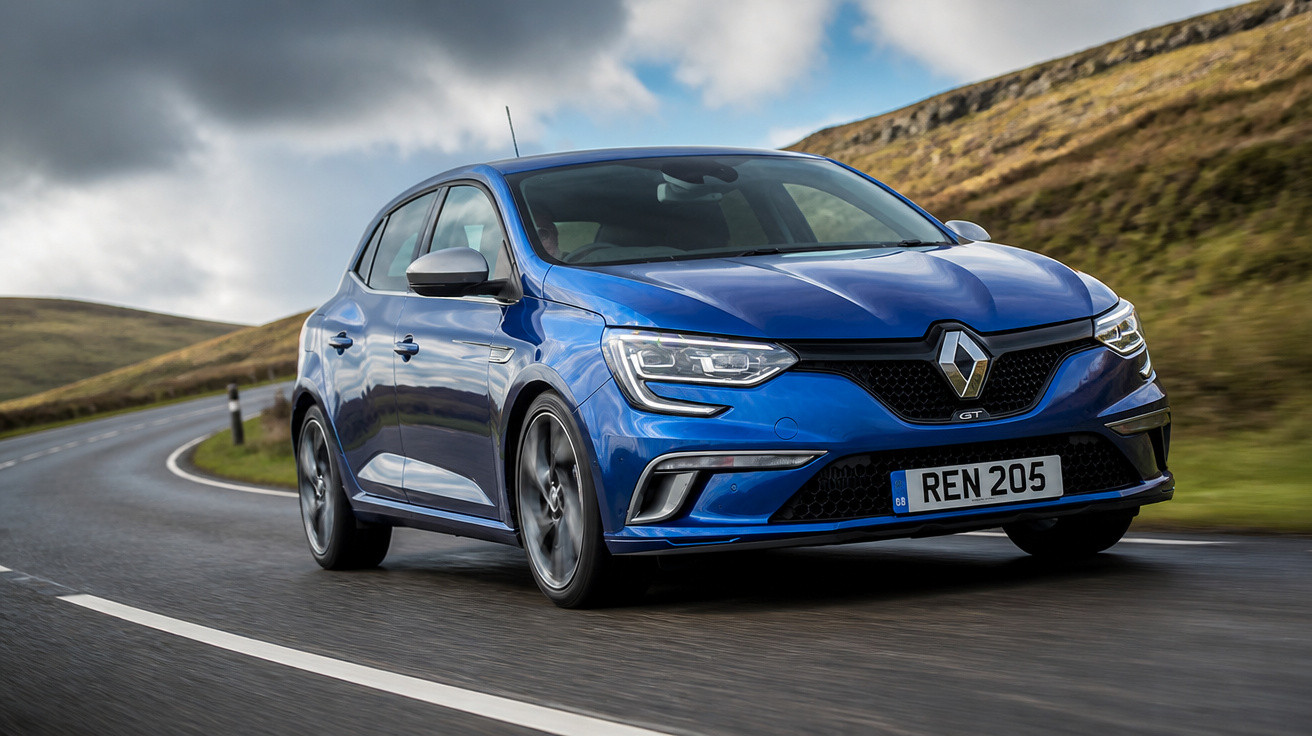 Carro Renault azul em estrada sinuosa numa paisagem campestre com céu nublado.