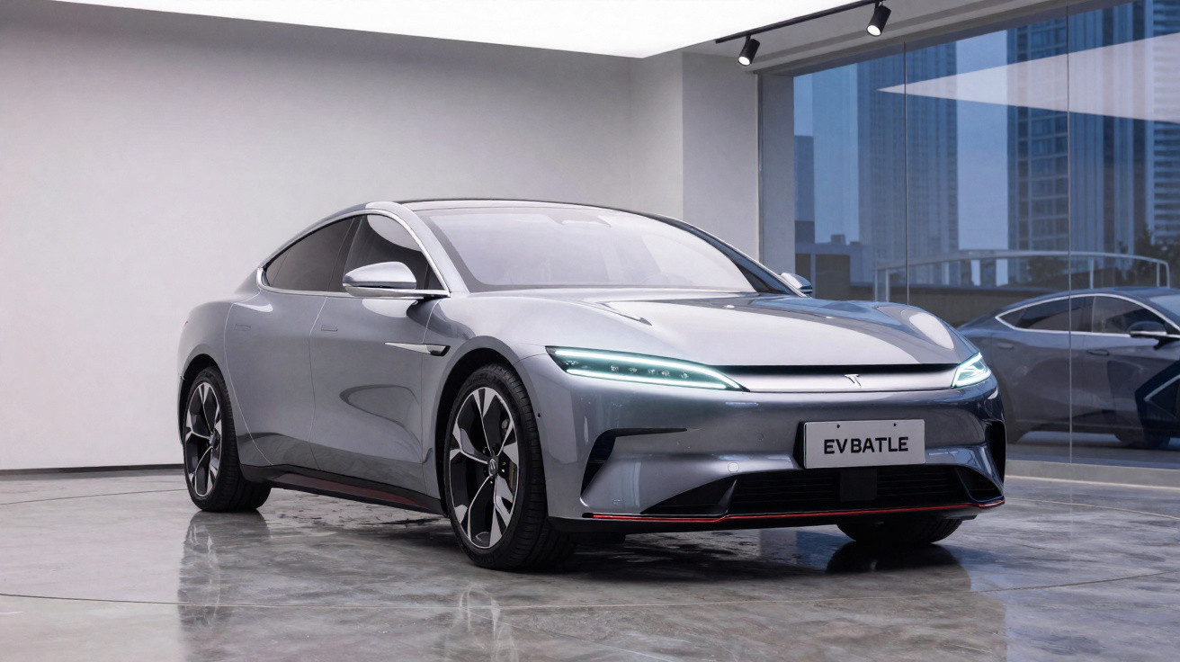 Carro elétrico cinza moderno exposto em espaço interior com chão de cimento e parede branca.