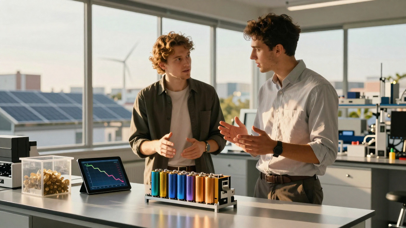 Dois homens discutem protótipo de bateria colorida em laboratório moderno com painéis solares visíveis na janela.
