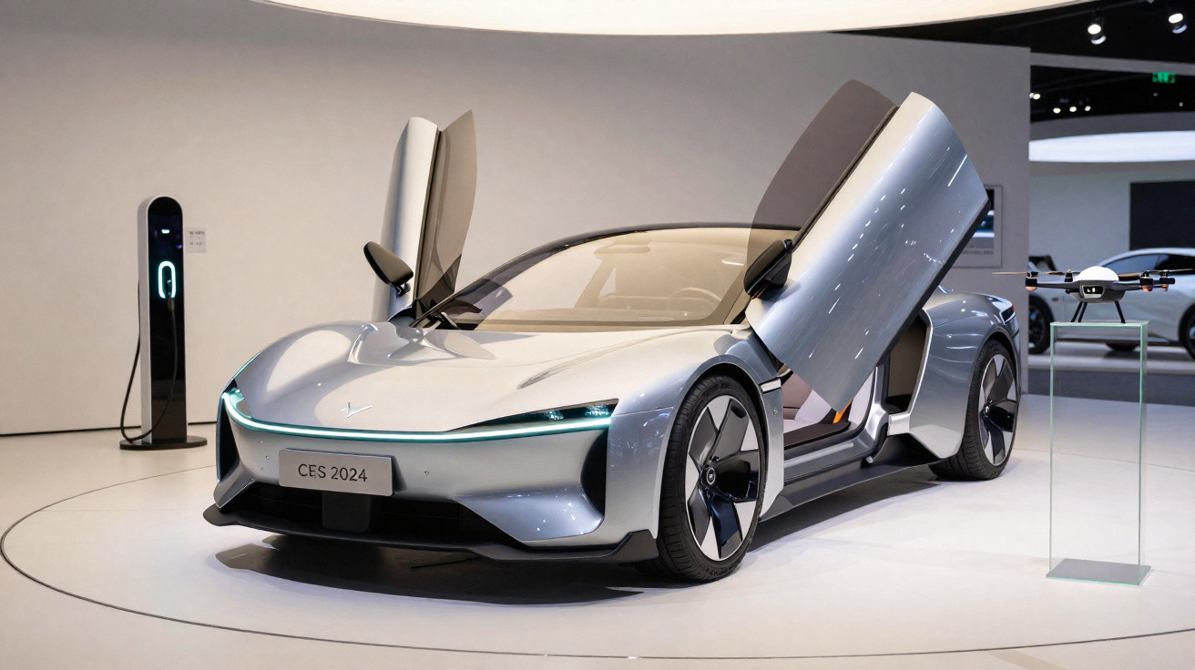 Carro elétrico futurista prata com portas abertas para cima em exposição numa feira tecnológica.