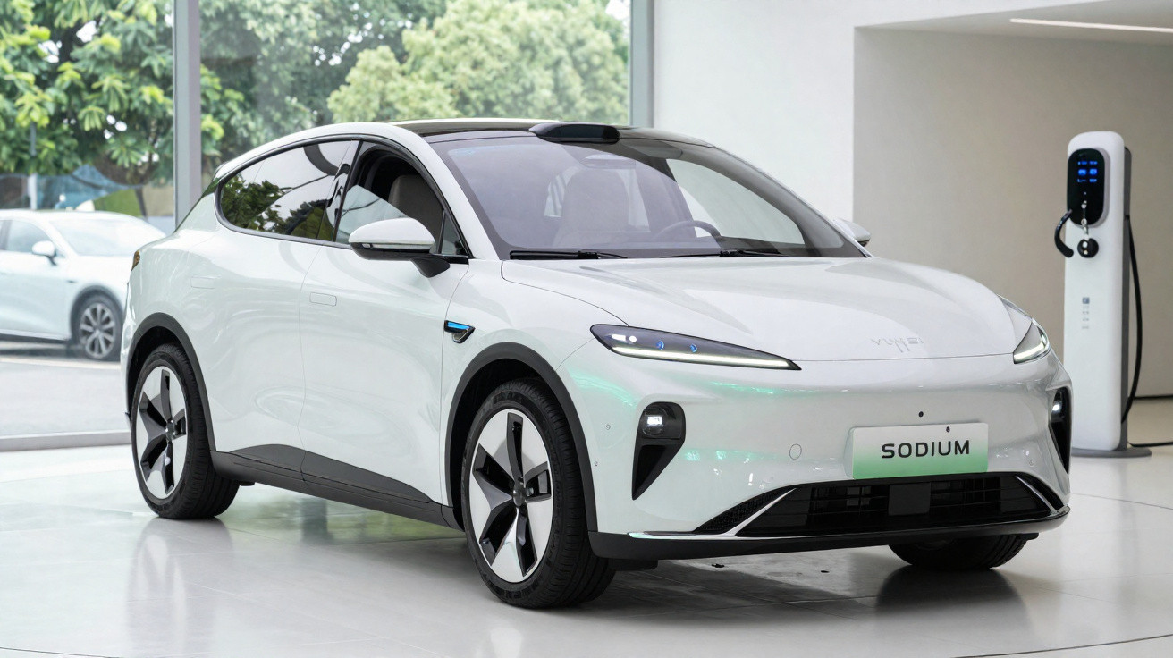 Carro elétrico branco modelo SUV exposto em showroom com estação de carregamento ao fundo.