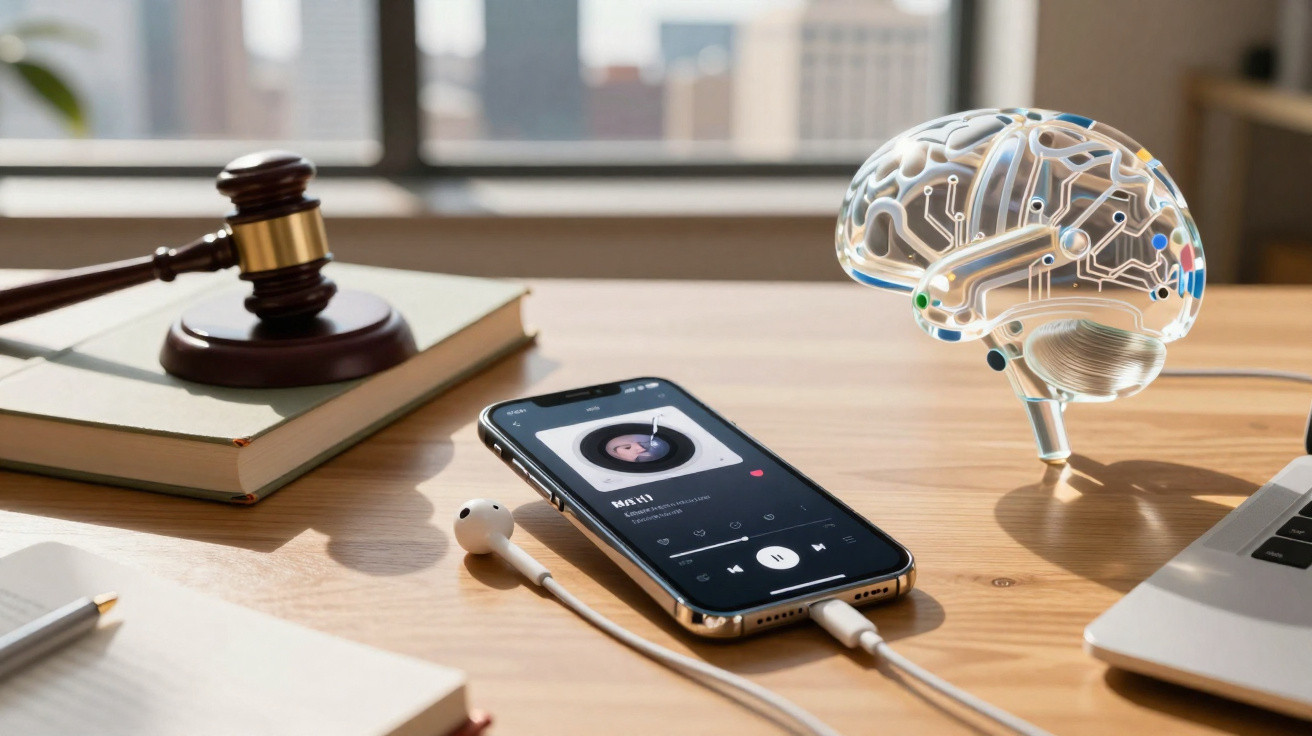 Martelo de juiz, telemóvel com música, cérebro digital luminoso e portátil numa mesa de escritório.