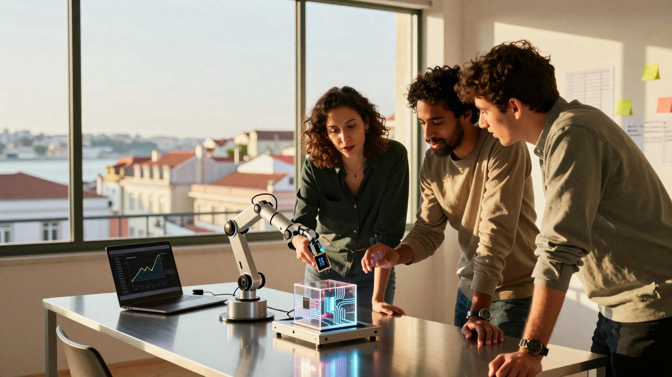 Três jovens trabalham com braço robótico e computador numa sala com vista para edifícios urbanos ao entardecer.