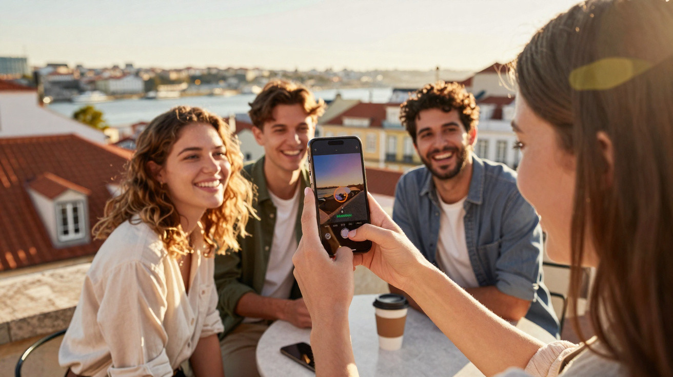 Grupo de amigos a sorrir enquanto tiram uma foto num terraço com vista para a cidade ao pôr do sol.