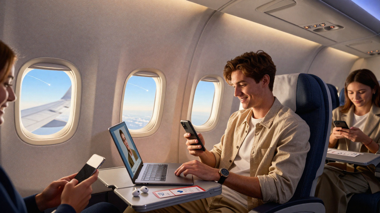 Três passageiros num avião, dois a usar telemóveis e um a fazer videochamada num portátil.