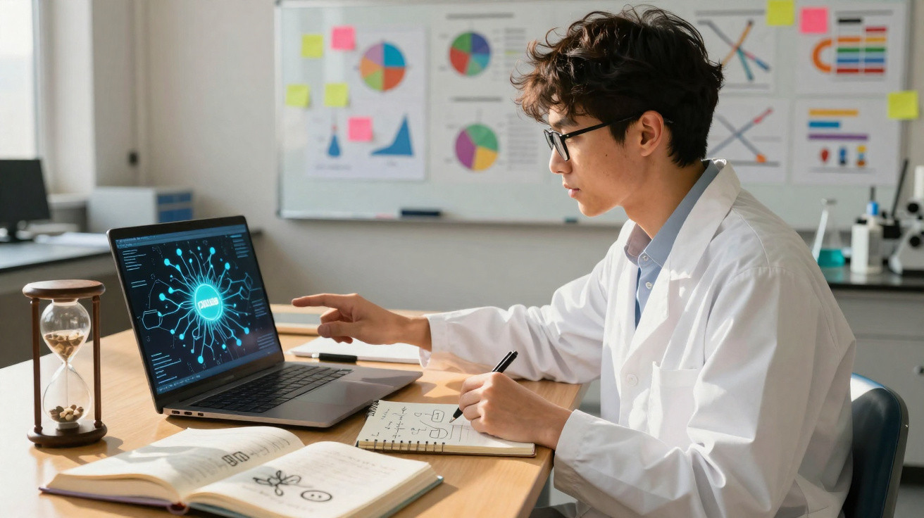 Jovem cientista em bata branca analisa dados sobre inteligência artificial no seu portátil, com gráficos na parede ao fundo.