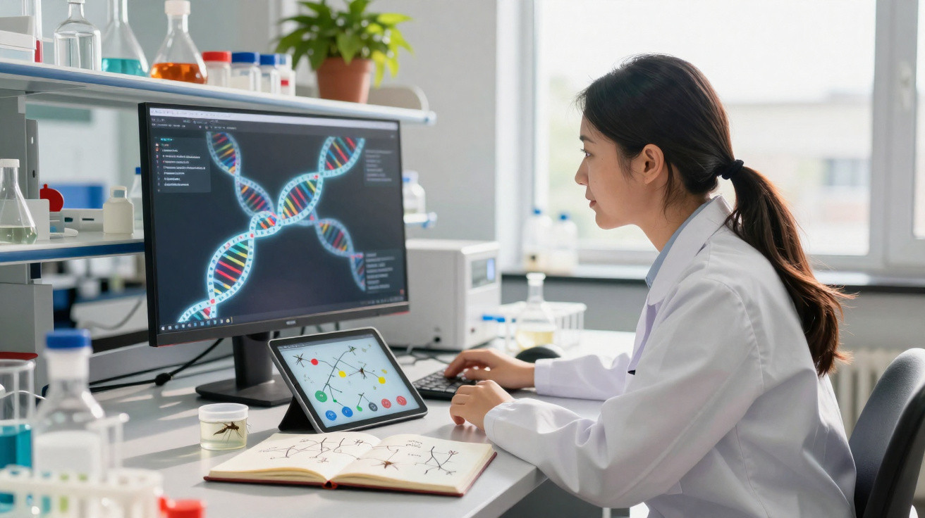 Investigadora em laboratório a analisar moléculas de DNA no computador e a fazer anotações num caderno aberto.