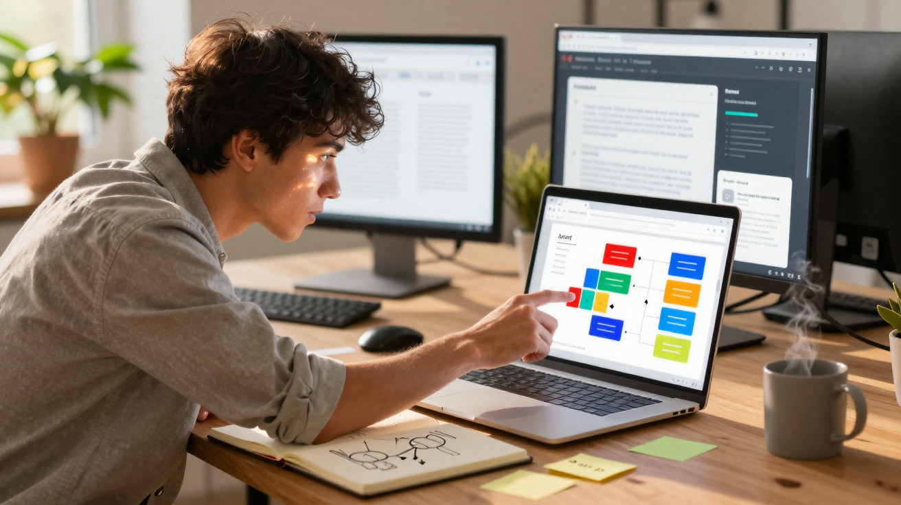 Pessoa jovem a apontar para o ecrã de um portátil com diagrama colorido em escritório com dois monitores e notas.