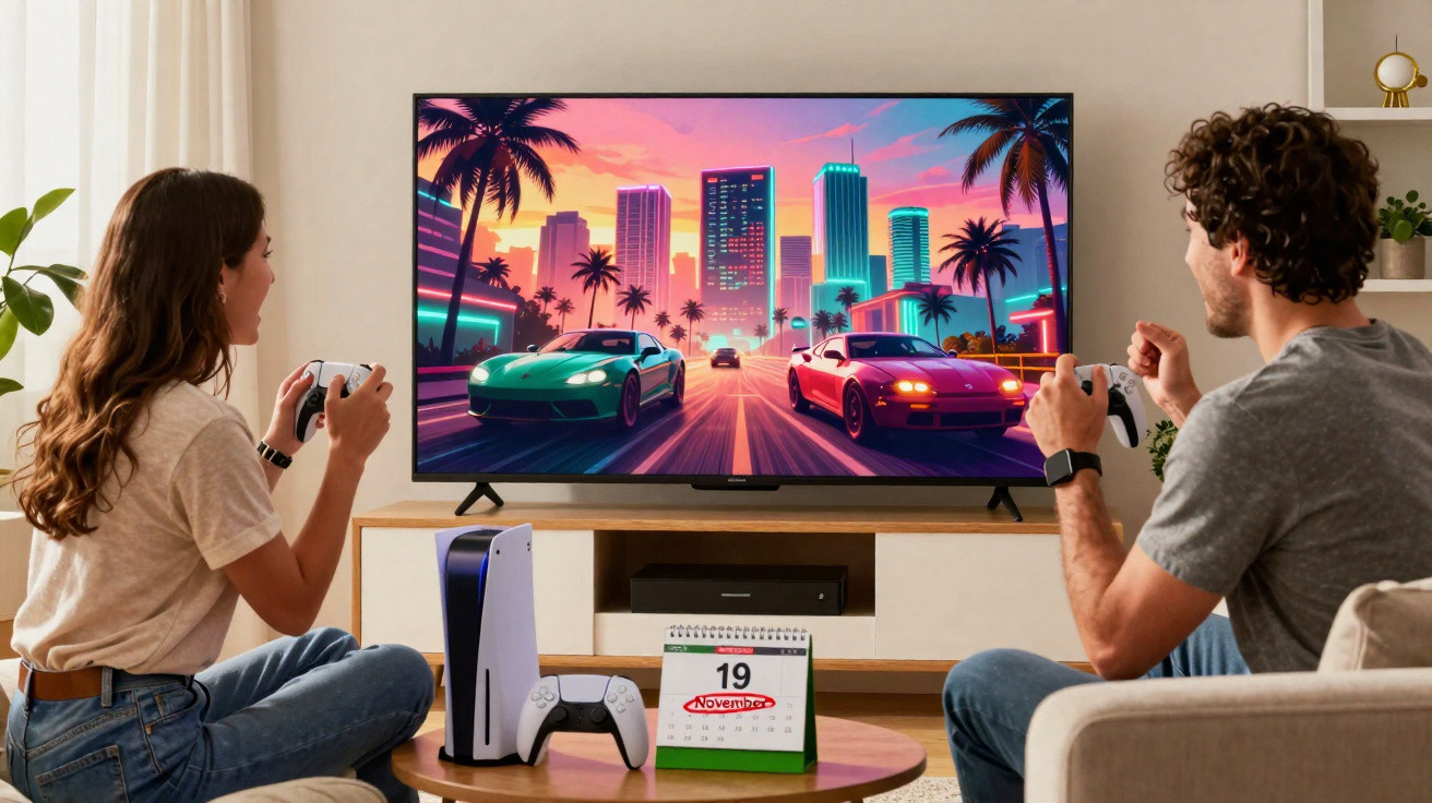 Casal a jogar videojogos de corridas numa consola moderna numa sala com TV grande e calendário no dia 19 de novembro.