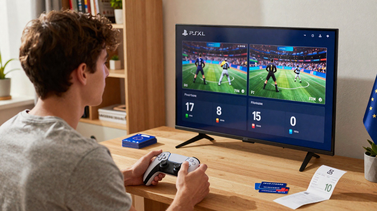 Jovem a jogar videojogo de futebol em consola PS5 numa televisão, com comando na mão e elementos de aposta na mesa.