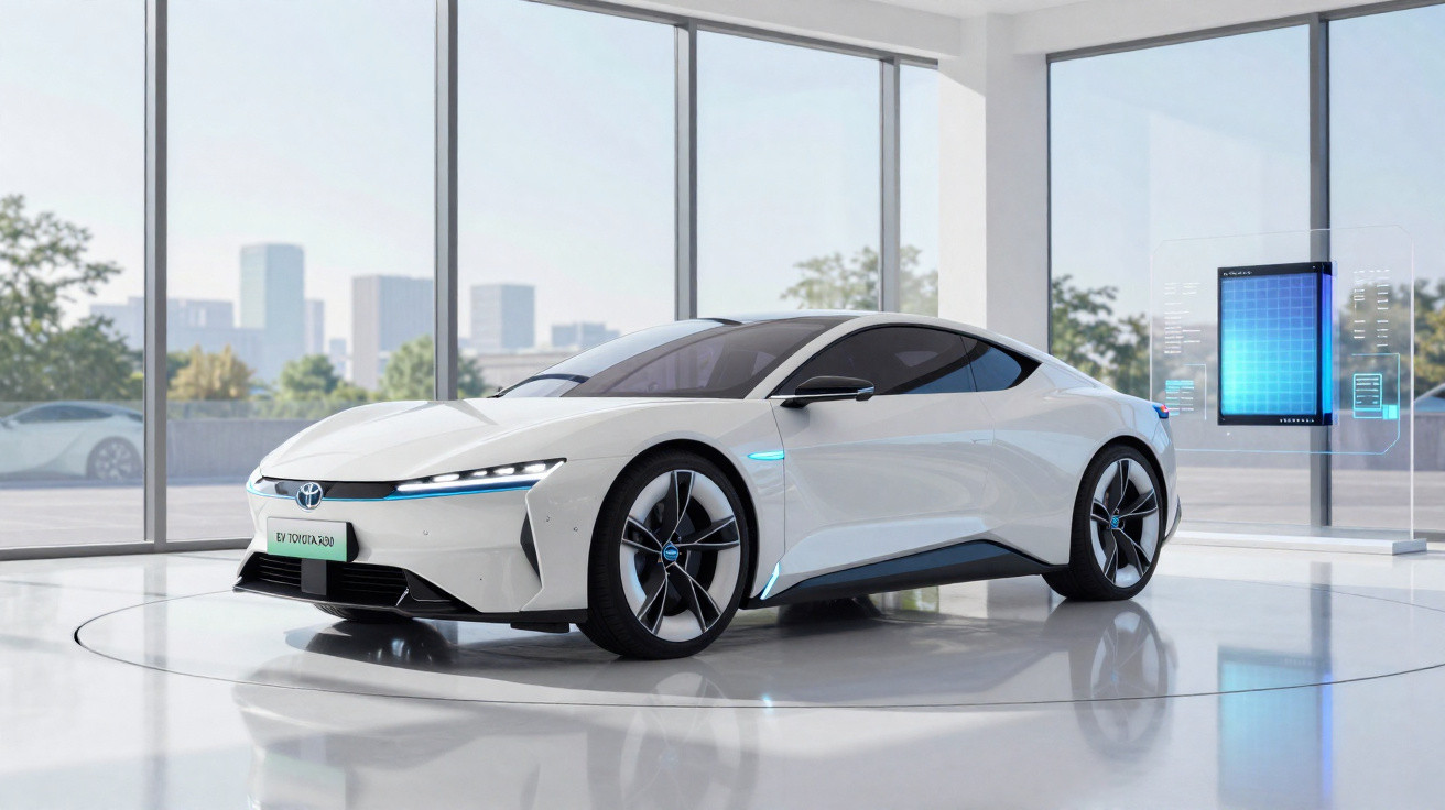 Carro desportivo elétrico branco, futurista, em showroom moderno com janelas amplas e vista urbana.