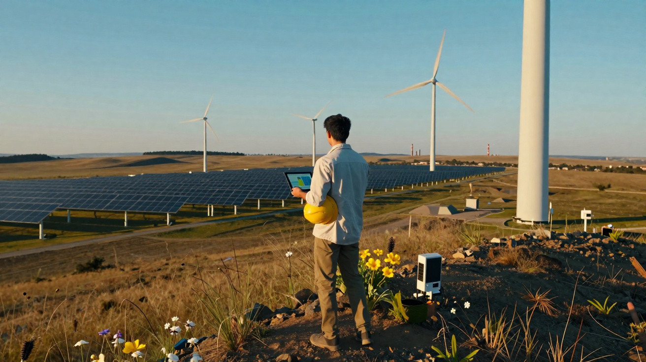 Homem com capacete e tablet observa parque com turbinas eólicas e painéis solares ao pôr do sol.