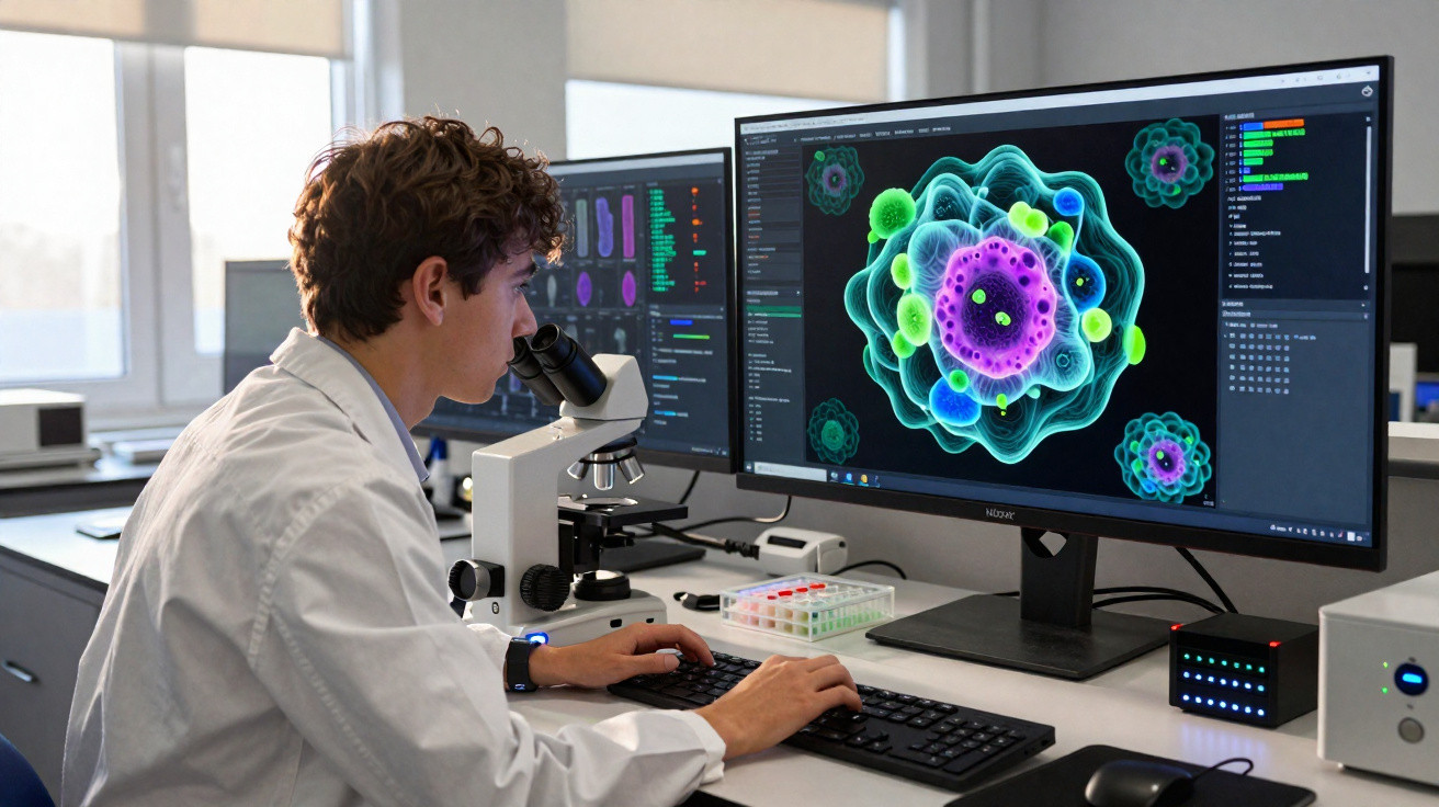 Cientista em bata branca analisa imagem digital de célula colorida num ecrã de computador no laboratório.