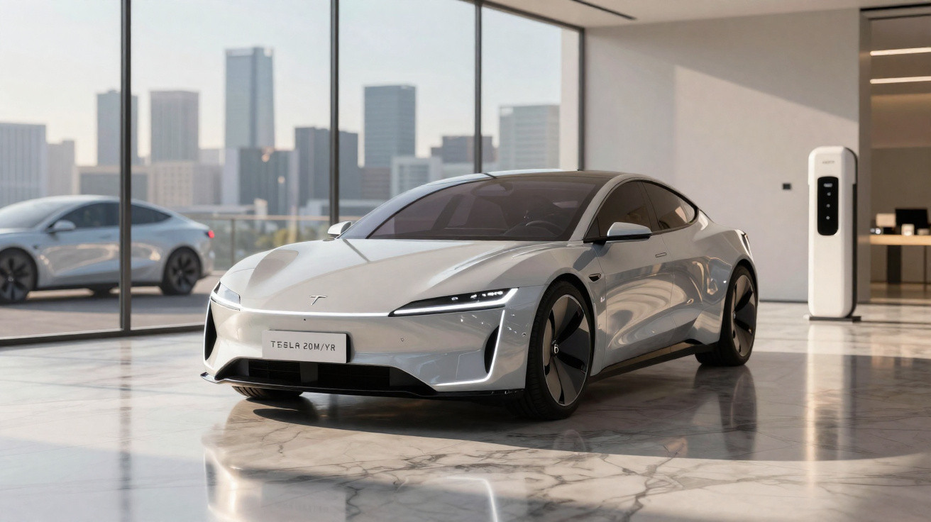 Carro elétrico Tesla prata estacionado dentro de uma garagem moderna com vista urbana ao fundo.
