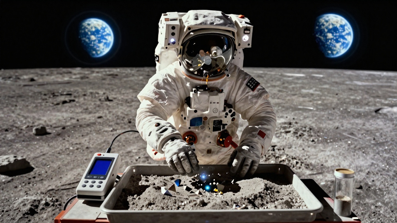 Astronauta na superfície lunar manipula amostras de solo com dois planetas Terra visíveis ao fundo.