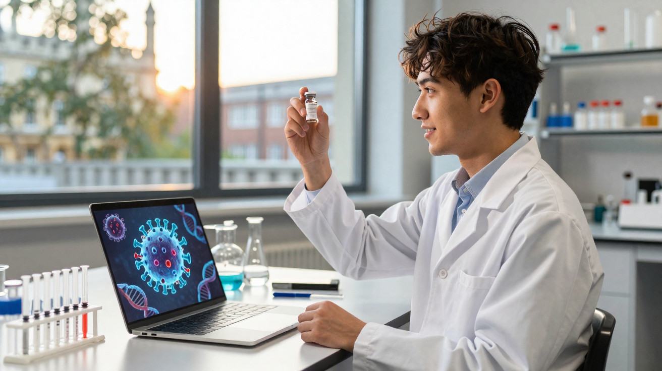 Cientista com bata branca numa laboratório a segurar frasco de vacina, com imagem de vírus no computador.