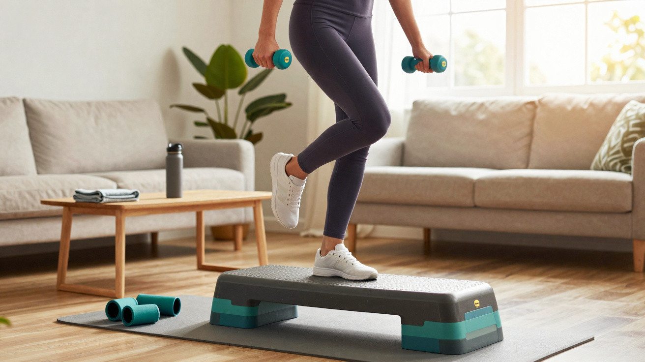 Pessoa a fazer exercício de step em casa com halteres, numa sala com sofá e luz natural.