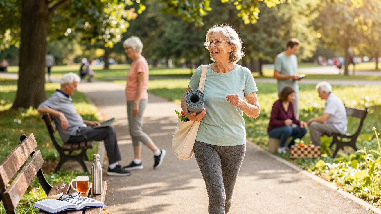 Mulher sénior sorridente a caminhar num parque com tapete de yoga e saco, enquanto outras pessoas idosas socializam ao fundo.