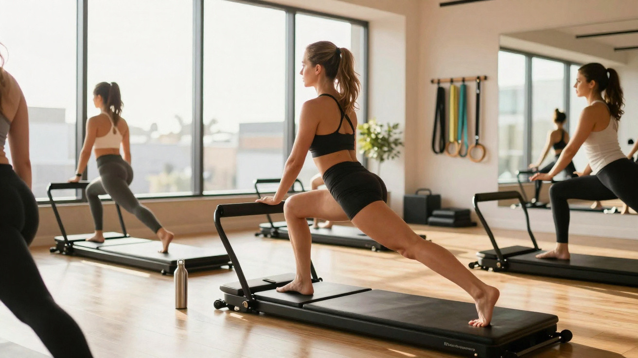 Mulheres a fazer exercícios de alongamento num estúdio de pilates com máquinas especiais.