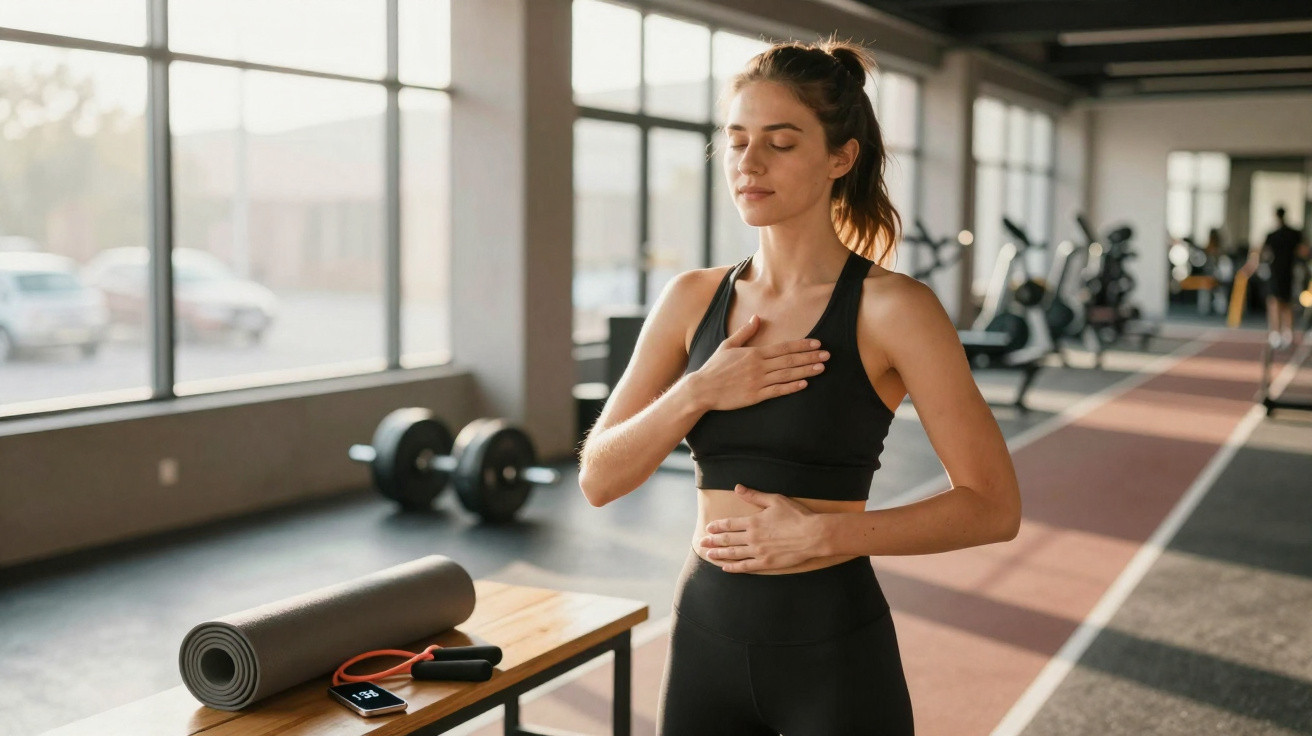 Mulher em roupa de desporto a fazer exercícios de respiração numa sala de ginásio com tapete de ioga.
