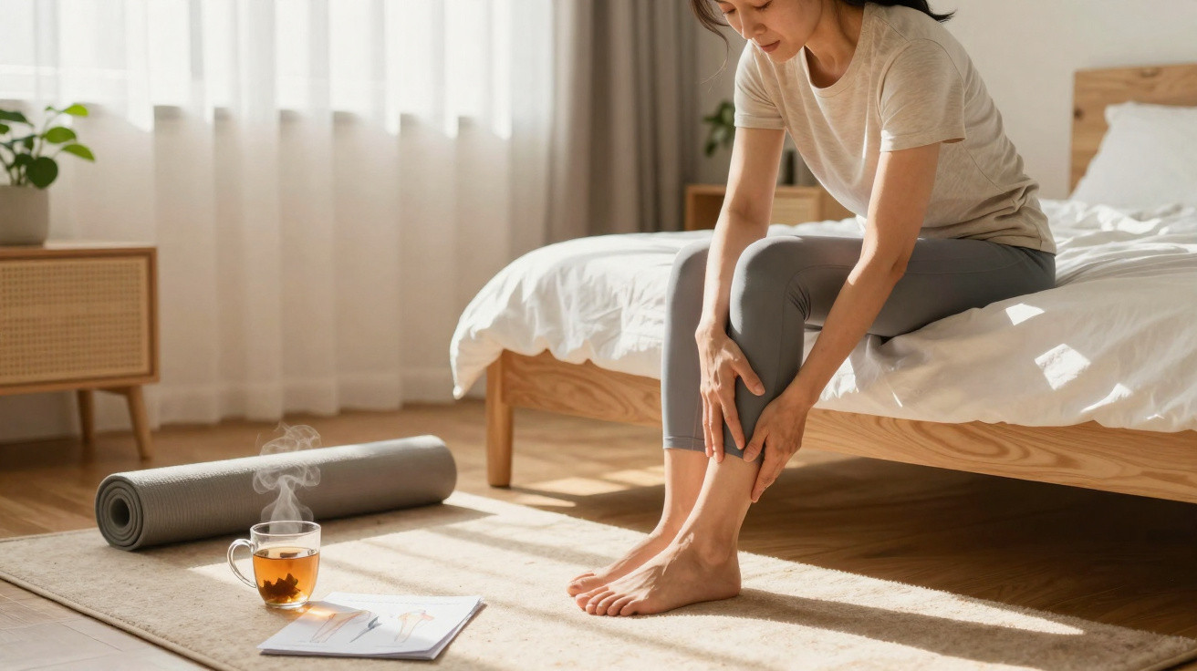 Mulher sentada na cama a tocar a perna, com chá a fumegar, tapete e tapete de yoga no quarto iluminado.