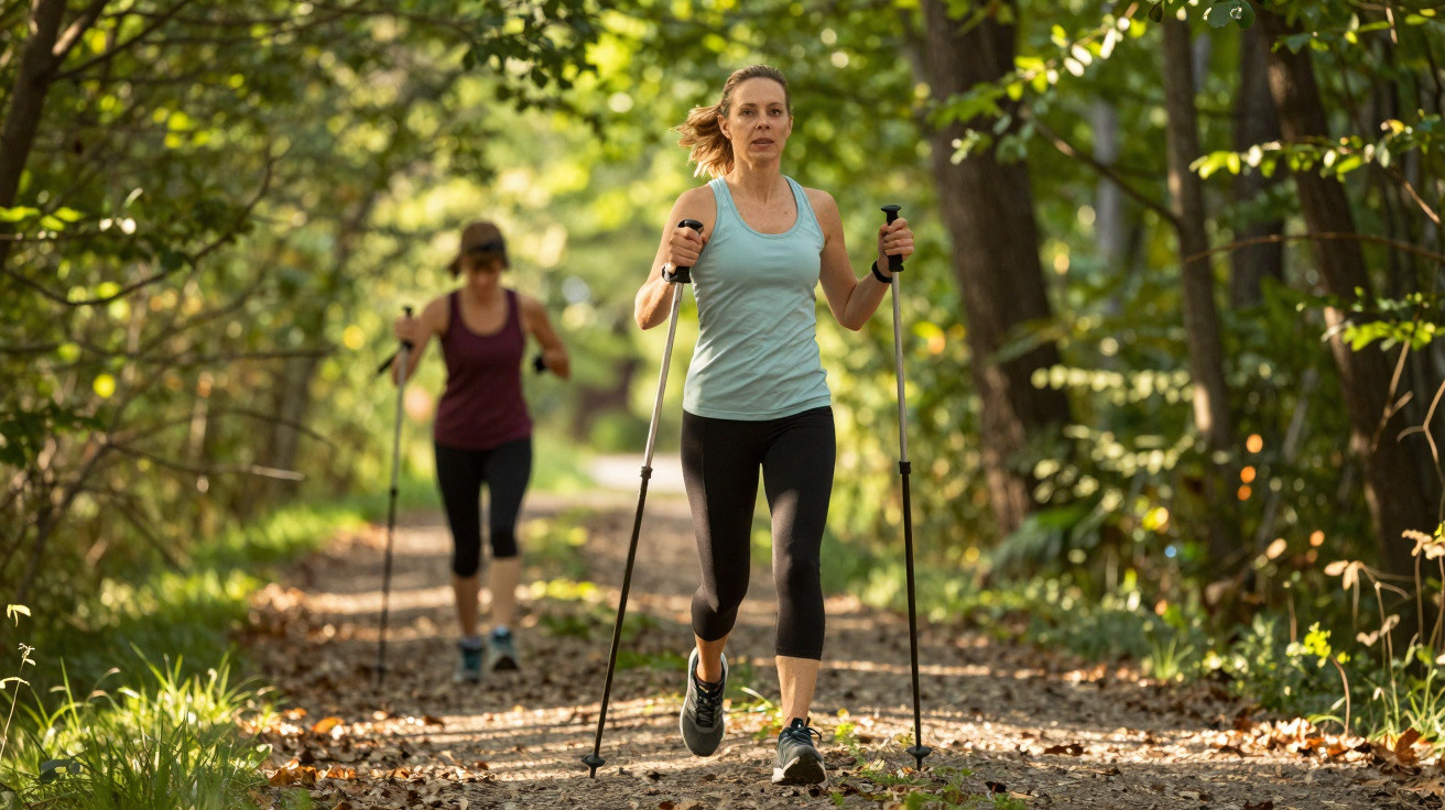 Duas mulheres praticam caminhada com bastões numa trilha em floresta iluminada pelo sol.