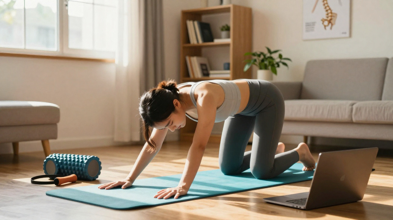 Mulher a fazer exercícios no tapete em sala com computador portátil e rolo de espuma ao lado.