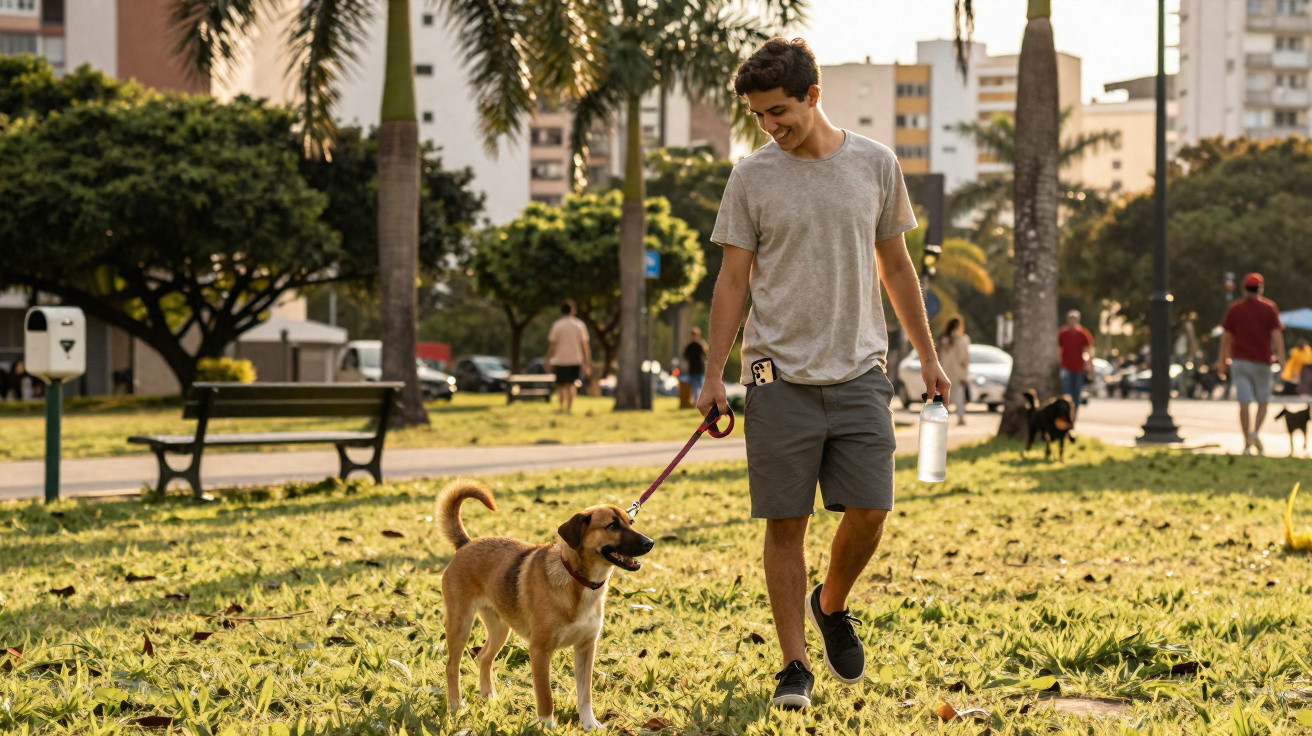 Homem jovem a caminhar com cão na trela num parque urbano ao final da tarde.