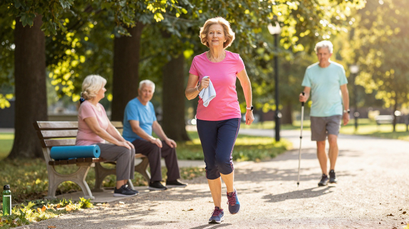 Senhora idosa a correr num parque, com outras pessoas idosas sentadas e a caminhar ao fundo.