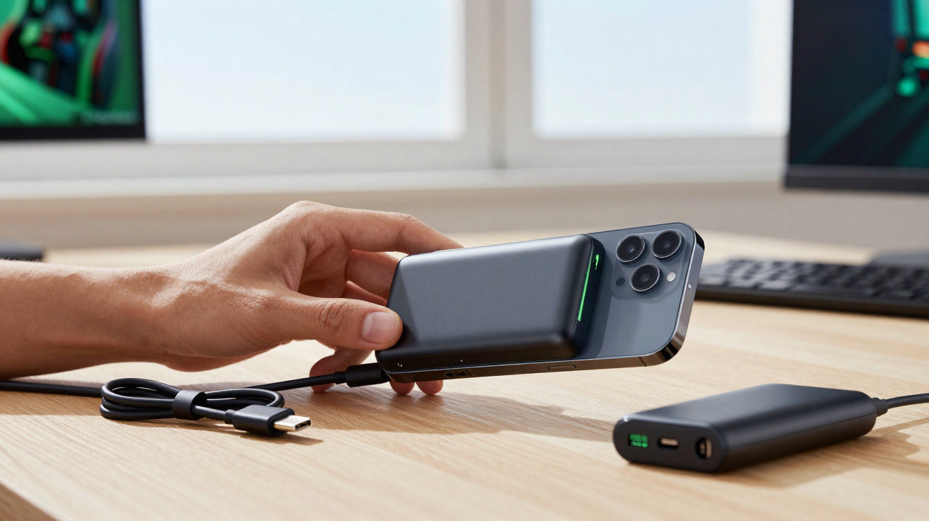 Pessoa a carregar um smartphone com carregador portátil sem fios numa mesa de madeira.