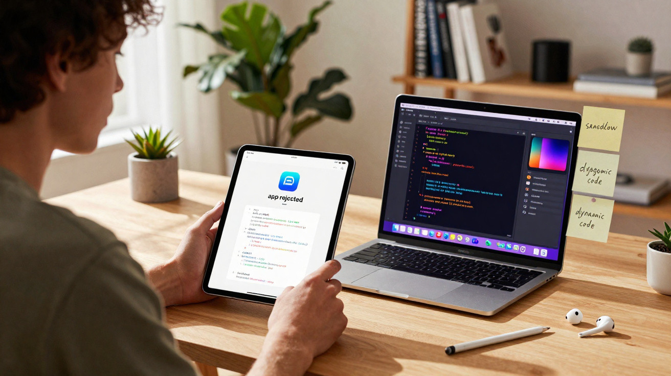 Pessoa a analisar código num tablet com erro "app rejected" ao lado de portátil com código e notas numa secretária.