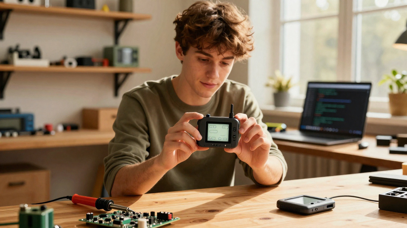 Jovem a examinar dispositivo eletrónico numa bancada com componentes eletrónicos e computador portátil ao fundo.