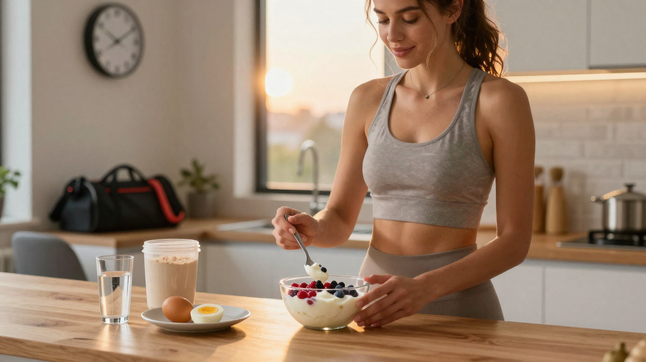 Mulher em roupa desportiva a comer taça de iogurte com frutos vermelhos na cozinha moderna.