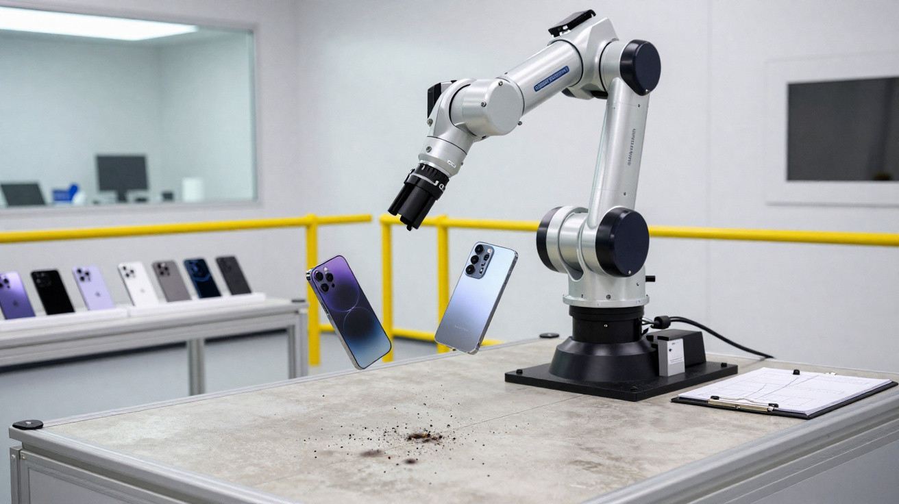 Braço robótico em laboratório a segurar dois telemóveis suspensos sobre uma mesa com vários telemóveis ao fundo.