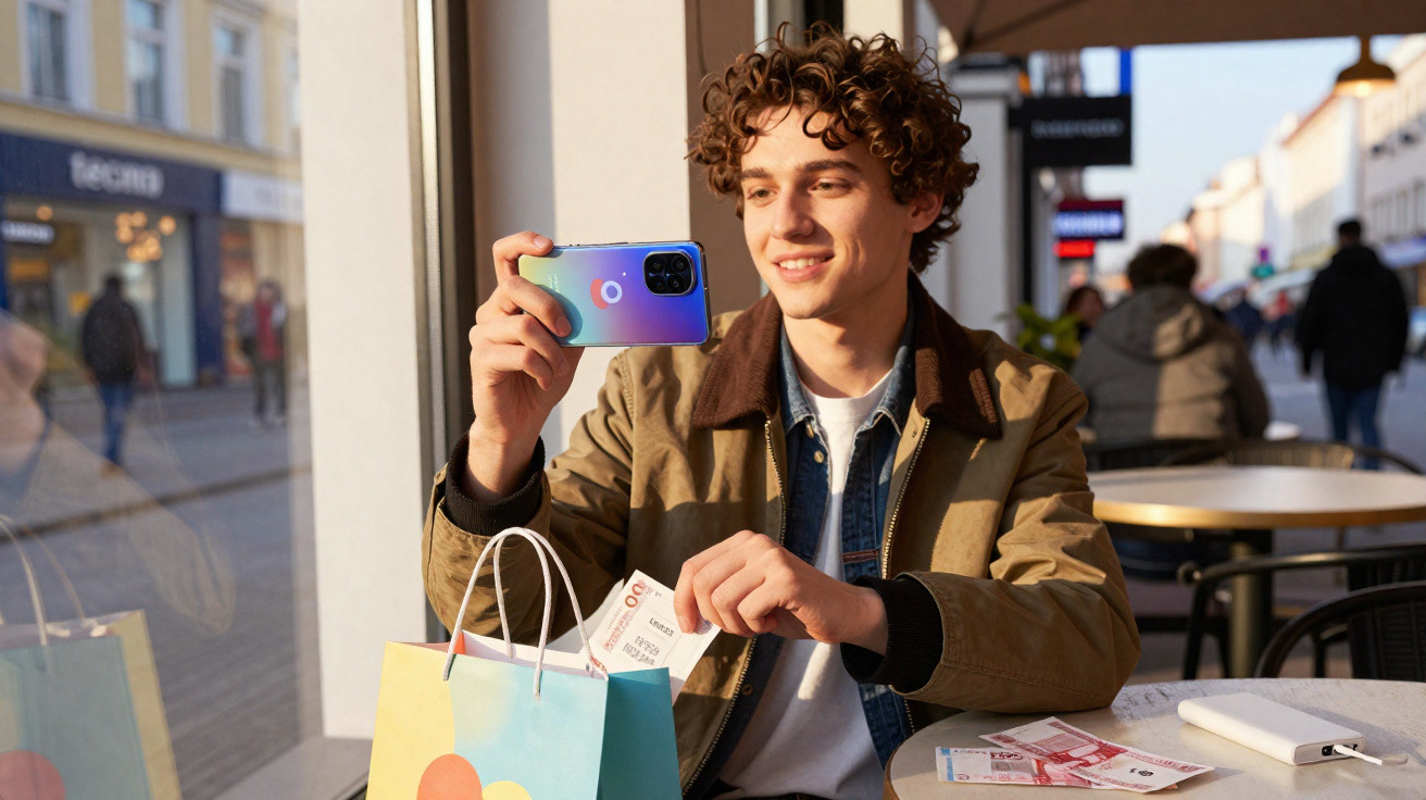 Jovem sentado numa esplanada a tirar foto a um saco de compras com um smartphone colorido.