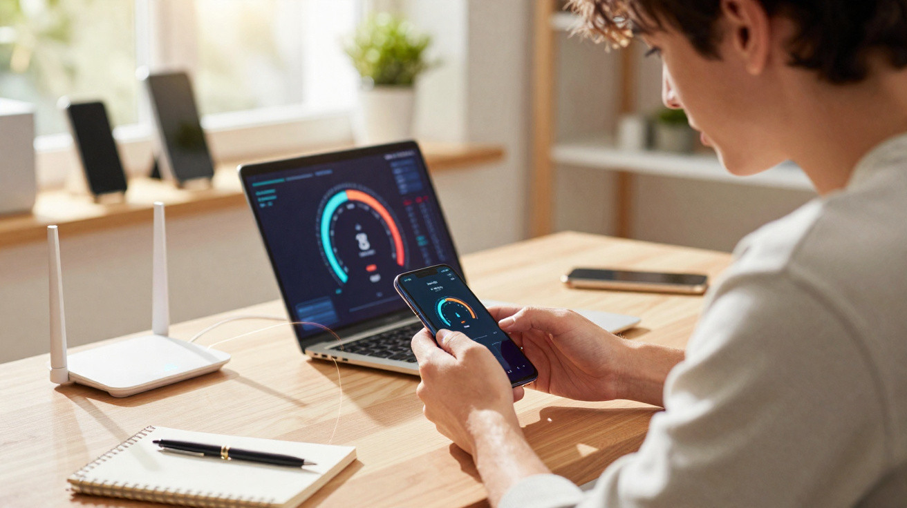 Pessoa a verificar teste de velocidade de internet no telemóvel com computador e router numa secretária.