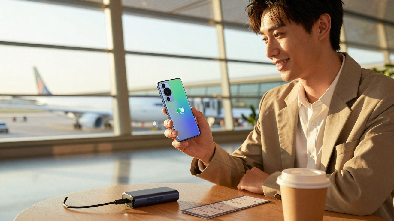 Homem sentado num café de aeroporto a carregar o telemóvel com power bank numa mesa com cartão de embarque.