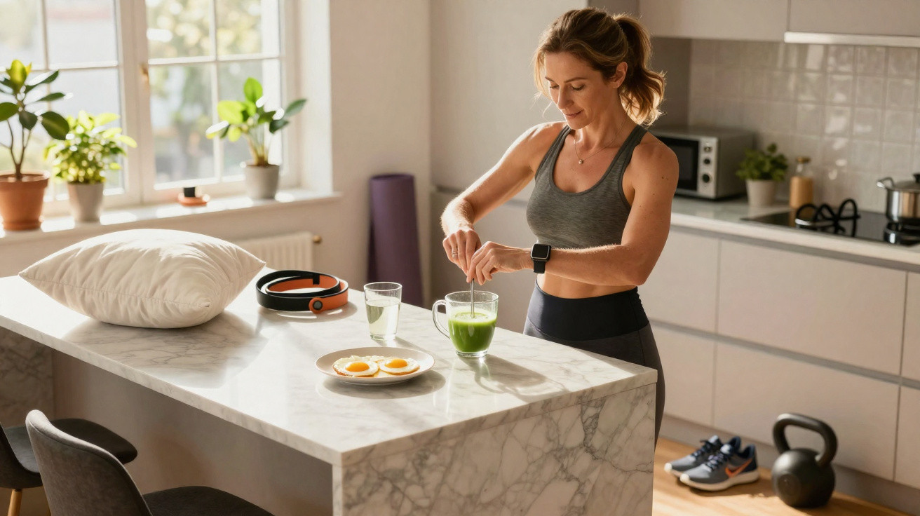 Mulher prepara bebida saudável na cozinha moderna após treino com kettlebell e ténis no chão.