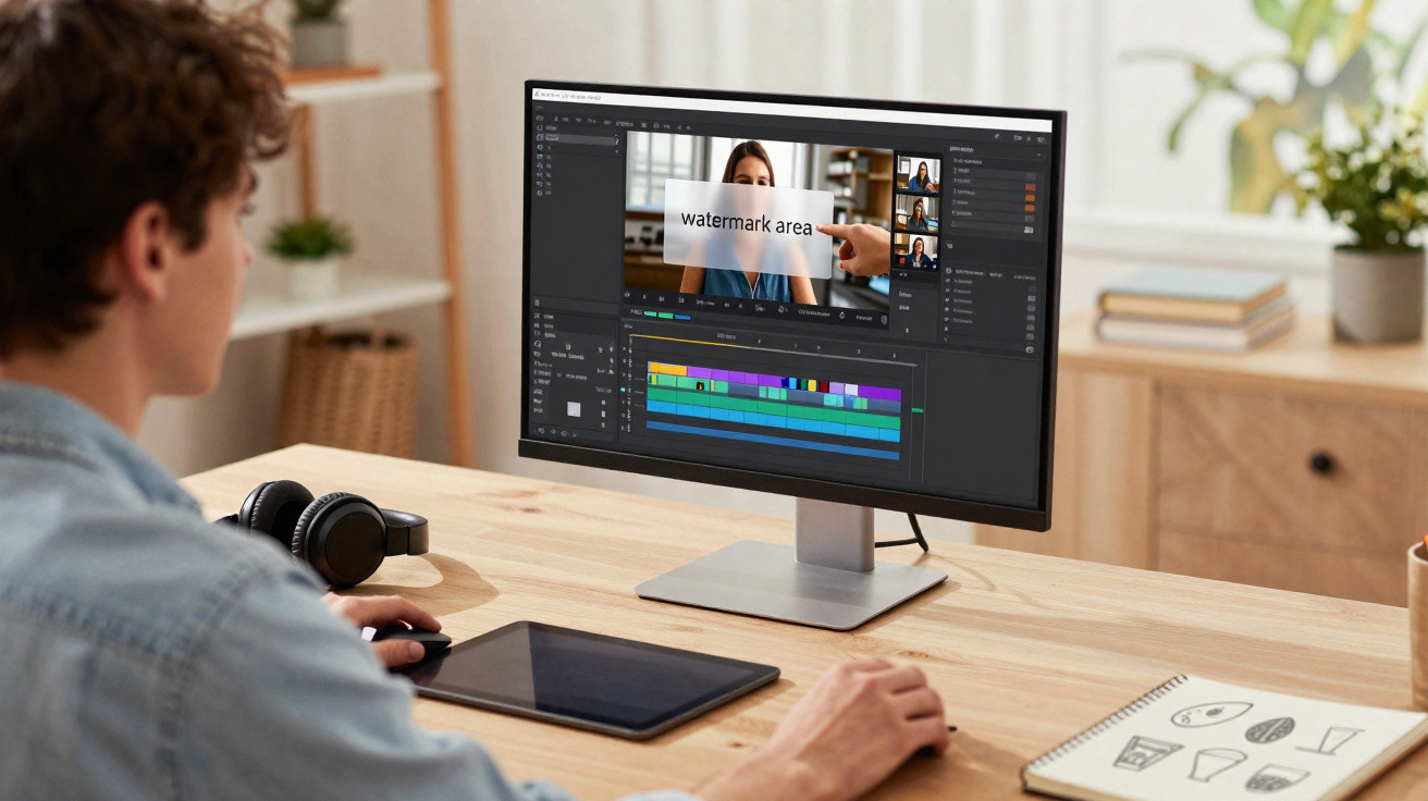 Pessoa a editar vídeo num computador com gráficos coloridos e uma chamada de vídeo na interface.