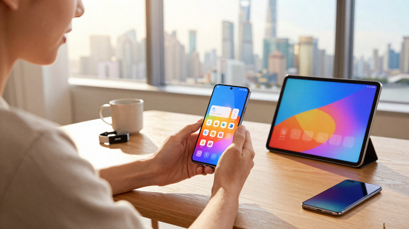 Pessoa a usar telemóvel com aplicativos visíveis, mesa com tablet, outro telemóvel e janela com vista urbana ao fundo.