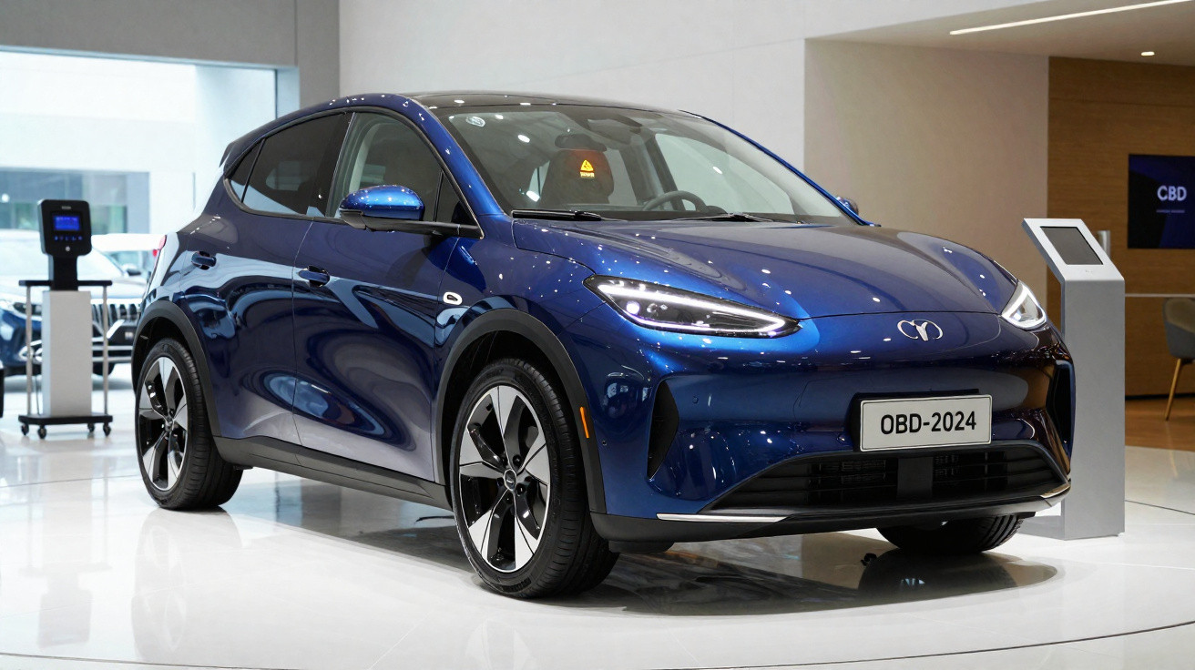 Carro elétrico compacto azul exposto em salão com iluminação moderna e design aerodinâmico.