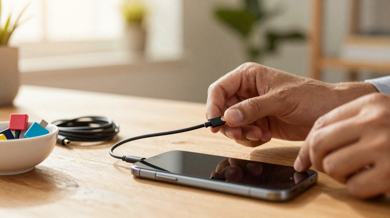 Pessoa a ligar um cabo USB a um telemóvel preto colocado sobre uma mesa de madeira.