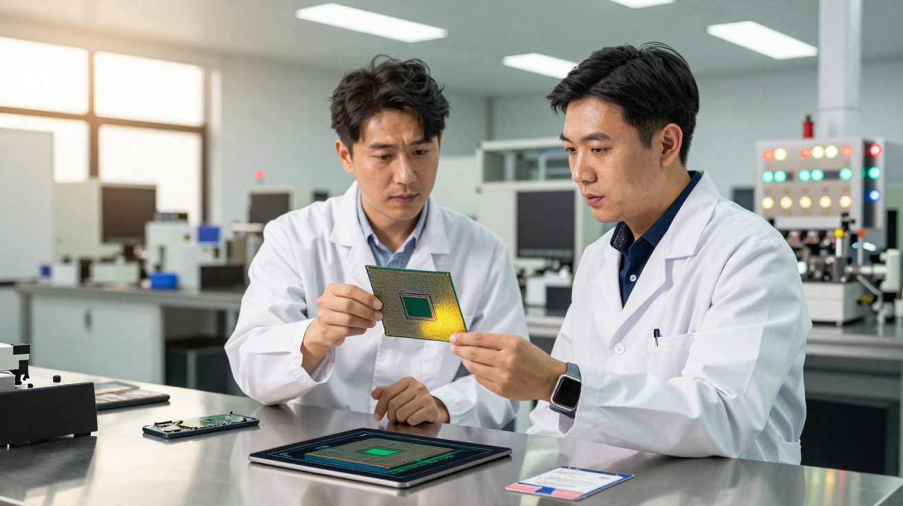 Dois cientistas de bata branca analisam um circuito integrado num laboratório tecnológico moderno.