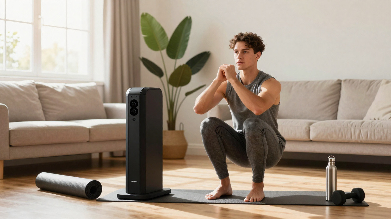 Homem a fazer agachamentos num tapete de yoga numa sala de estar com equipamento de fitness.