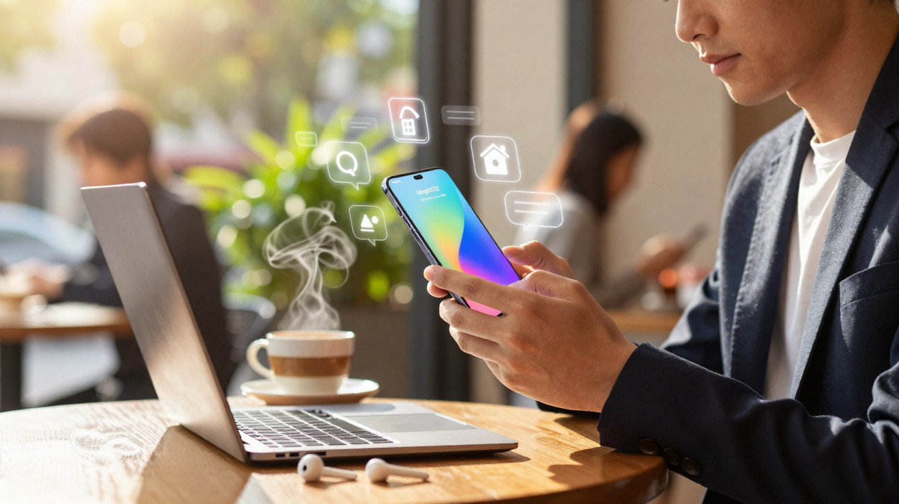 Homem a usar smartphone com ícones flutuantes junto a portátil e café numa mesa de café.