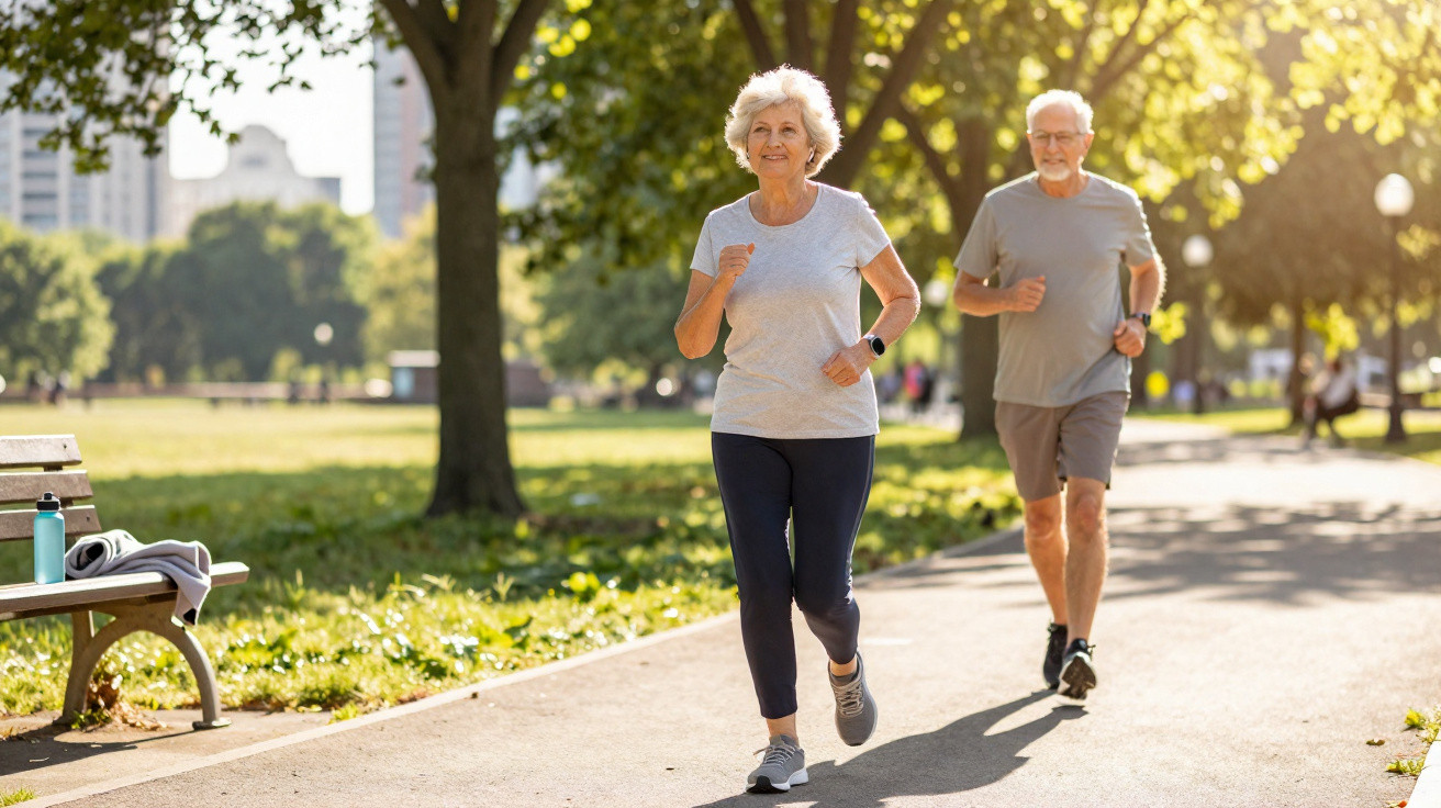 Casal sénior a correr num parque urbano com árvores e bancos ao final da tarde.