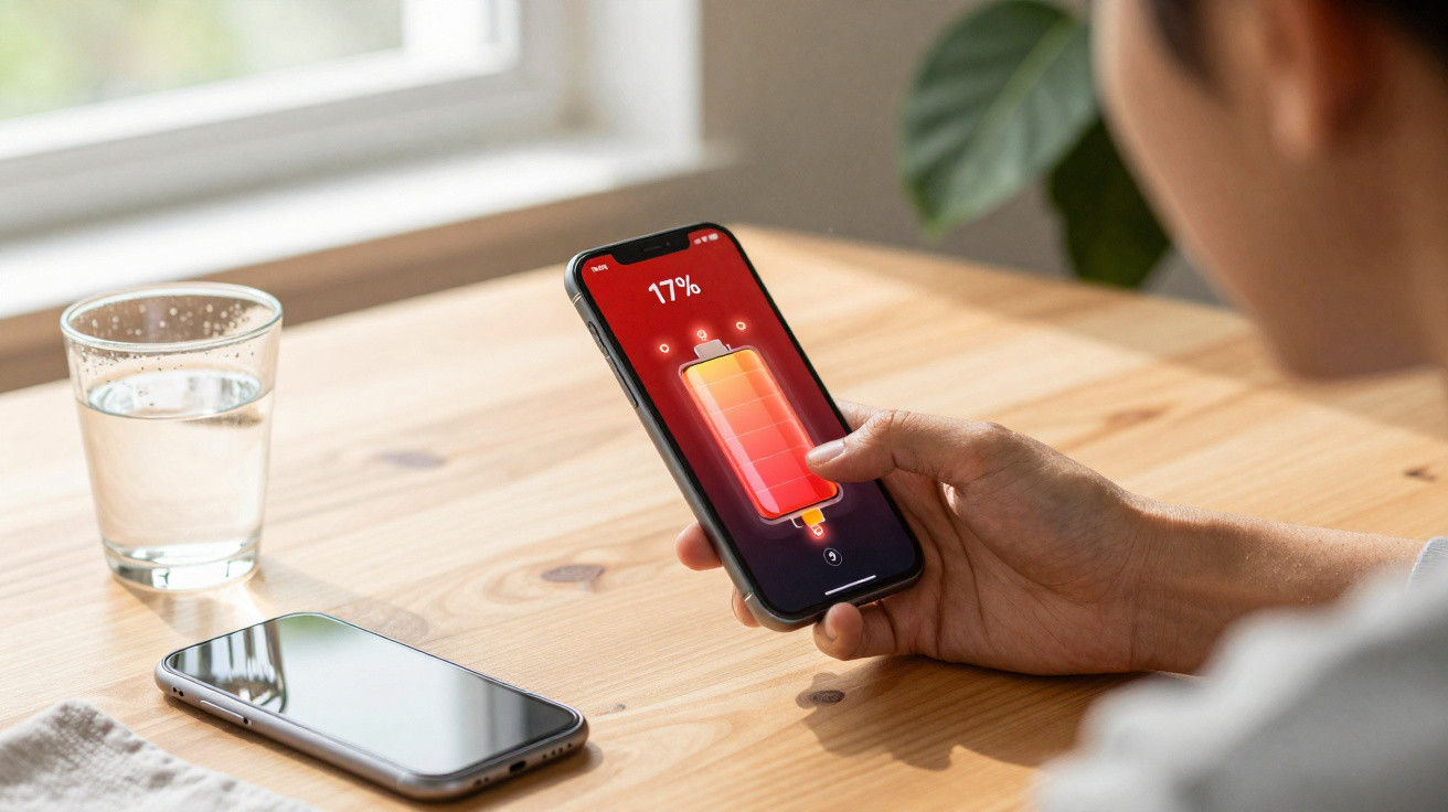 Pessoa a segurar smartphone com bateria a 17% numa mesa com outro telemóvel e copo de água.