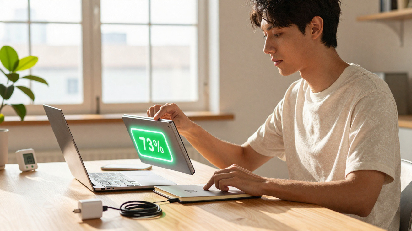 Homem a trabalhar com portátil e a carregar tablet com bateria a 73% junto a janela luminosa.