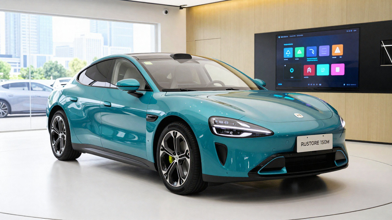 Carro elétrico azul-turquesa exposto em salão moderno com parede de madeira e monitor digital.